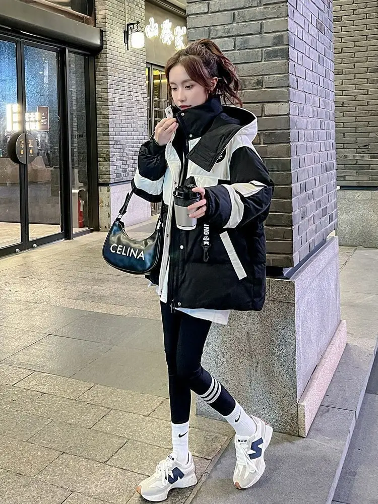 Black Medium Long Parker Cotton Jacket Women's Winter 2026 New Korean Version Loose Down Cotton Splicing Hooded Coat Warm Top