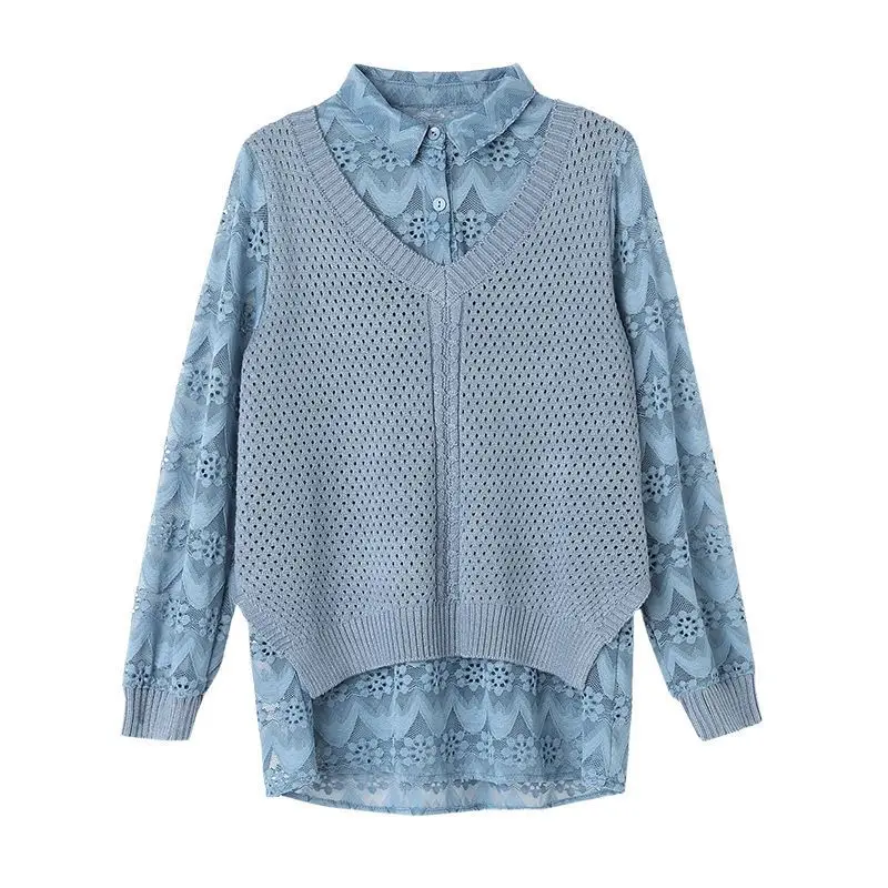 Women\'s Solid Color Pullover Lace Hook Flower Hollow Spring Autumn Polo Neck All Match Fashion Long Sleeve Women Blouses Tops