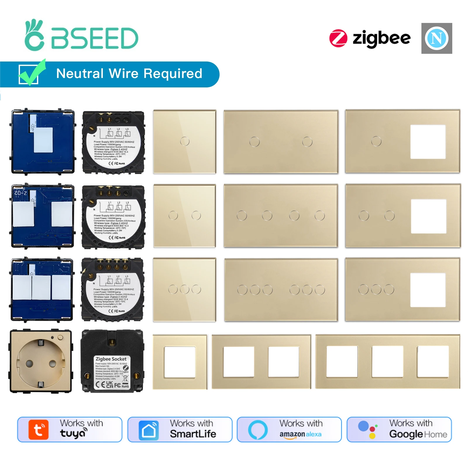 

BSEED 1/2/3Gang Zigbee сенсорный переключатель, часть стеклянной панели, умный диммер, переключатель для штор, часть «сделай сам», детали розетки Zigbee с нейтральной линией