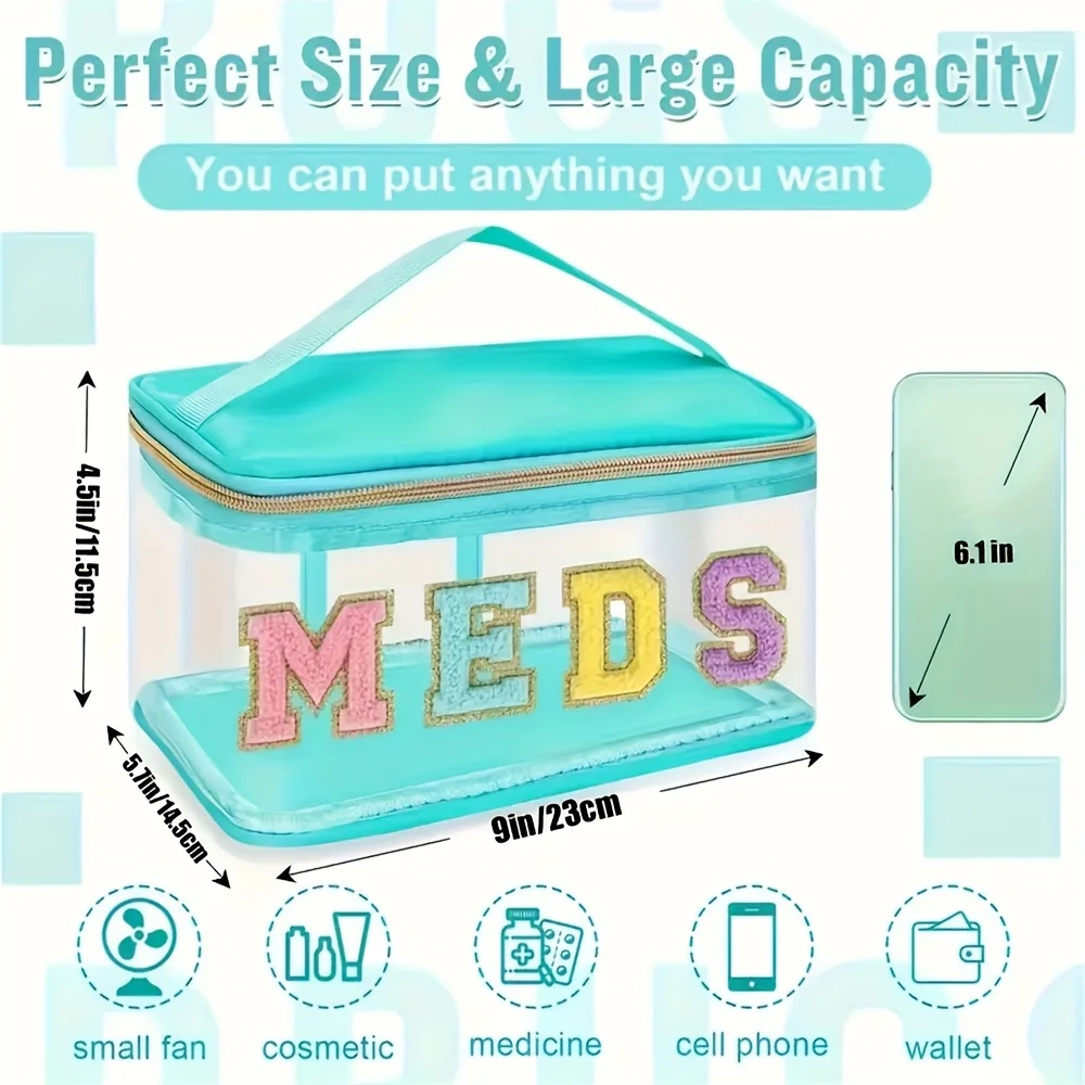 حقيبة أدوات الزينة ذات رقعة حروف من الشنيل، حقيبة مكياج MEDS، حقيبة تخزين طبية شفافة للسفر مع مقبض منظم مستحضرات التجميل