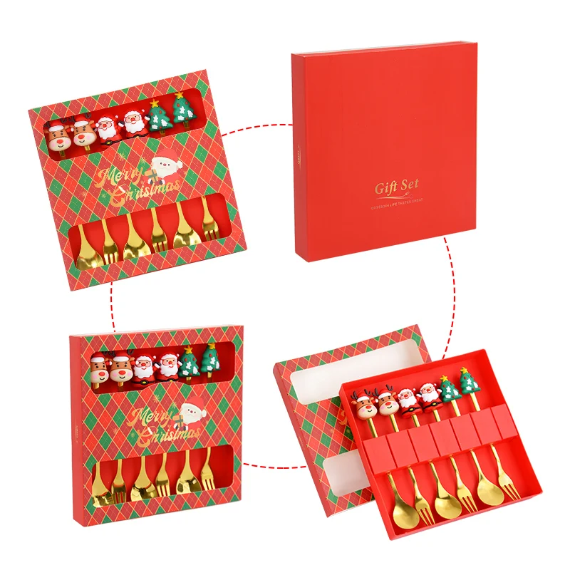 Christmas Gift Stainless Steel Spoon Fork Elk Christmas Tree Decoration Dessert Cake Scoop Fruit Fork Coffee Spoon Tableware Set