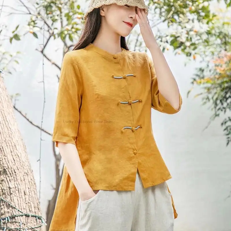 

Chinese Style Retro Qipao Button Cotton And Linen Shirt Women's Chinese National Style Women Vintage Cardigan Top Tangsuits