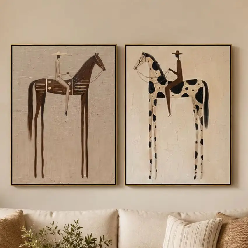 Blanket & Spot Diptych – Vintage Americana Two Ledger-Art Riders Two-Panel Painting | Wabi-Sabi Living Room Art
