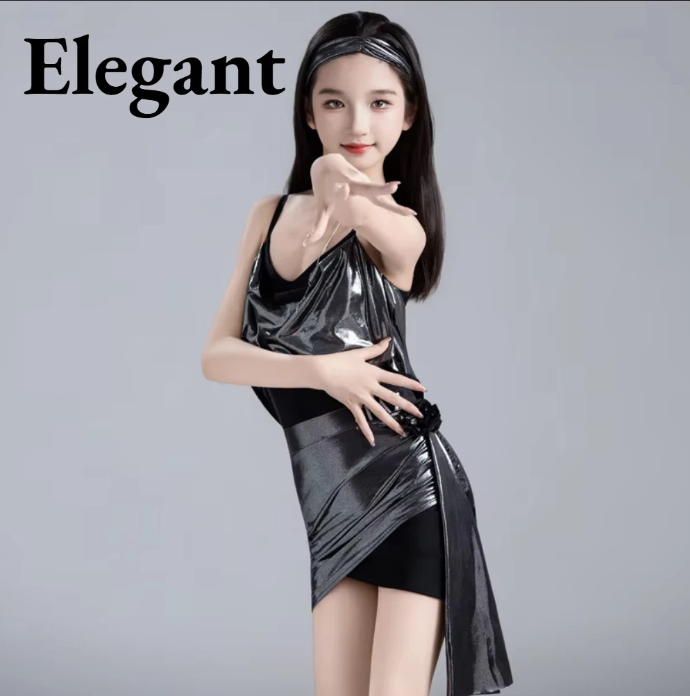 Girls Latin Dance Glossy Dancewear For Salsa Cha Cha Tango Rumba Ballroom Stage Competition Recital Daily Class Training Dress