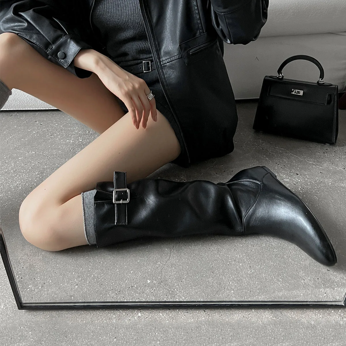 Arden Furtado Autumn Cow Suede Increased Internal Skinny Boots Round Toe Slip-on Middle Heel Belt Buckle Mid-Calf Boots