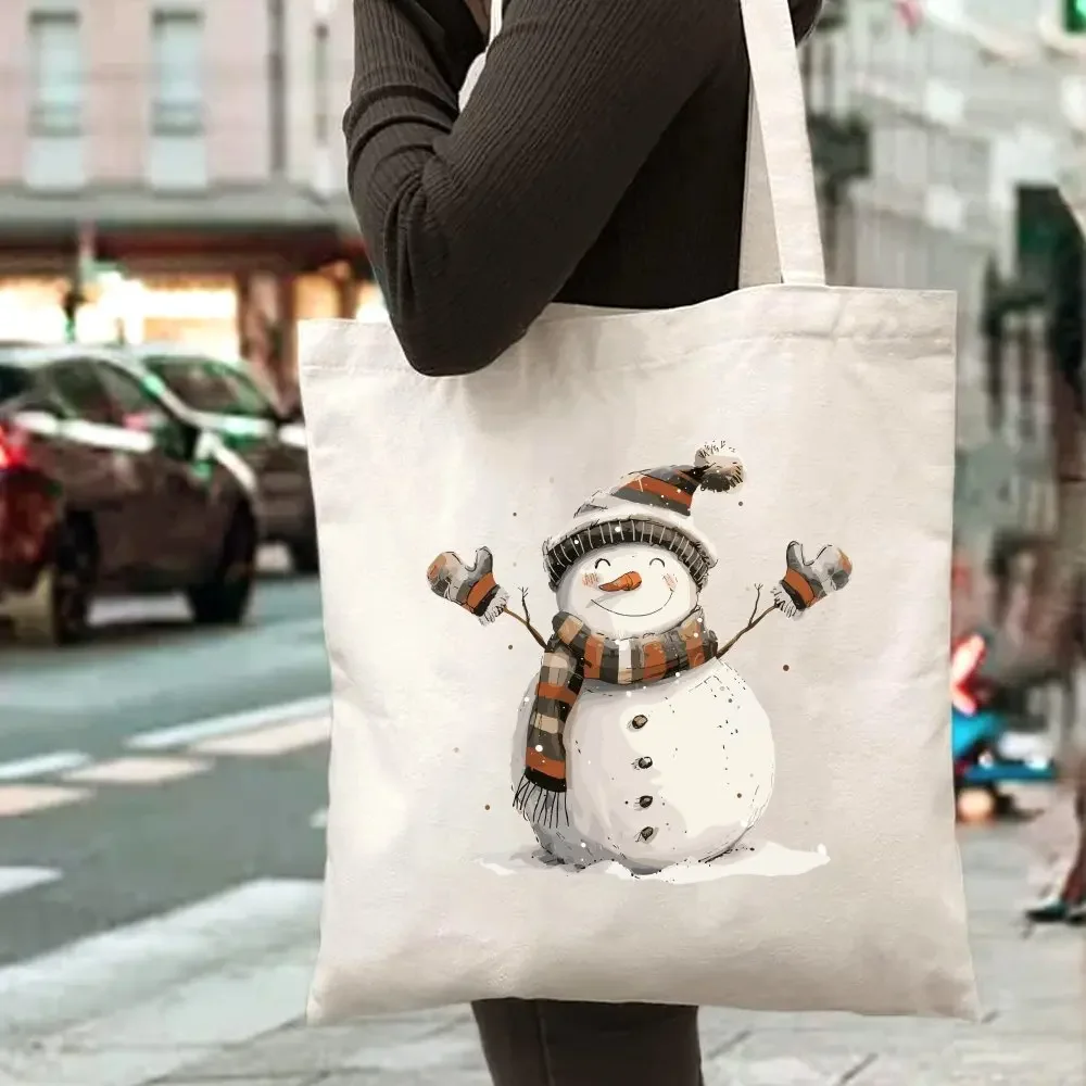 Xmas Gift Canvas Tote Bag Merry Christmas Tree Cake Pattern Daily Carry Women Handbag