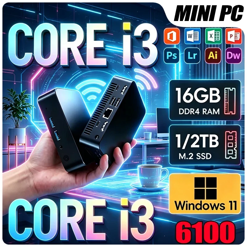 2026 Laptop Dual Core I3 Mini Desktop PC I3-6100 Optional 16GB RAM High Speed M.2 SSD 4K HD Home Office Mini Host