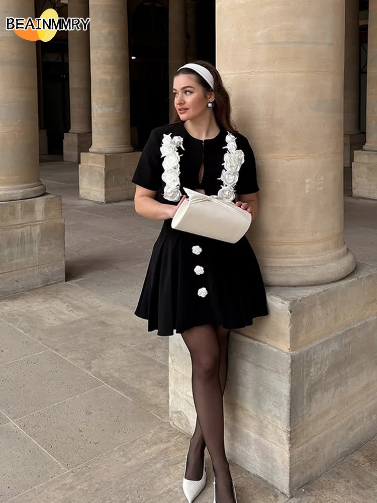 

3d Flower Mini Skirts Suit Women Fashion Elegant Round Neck Full Sleeve Cropped Top A Line Pleated Skirt Set Lady Street Outfits