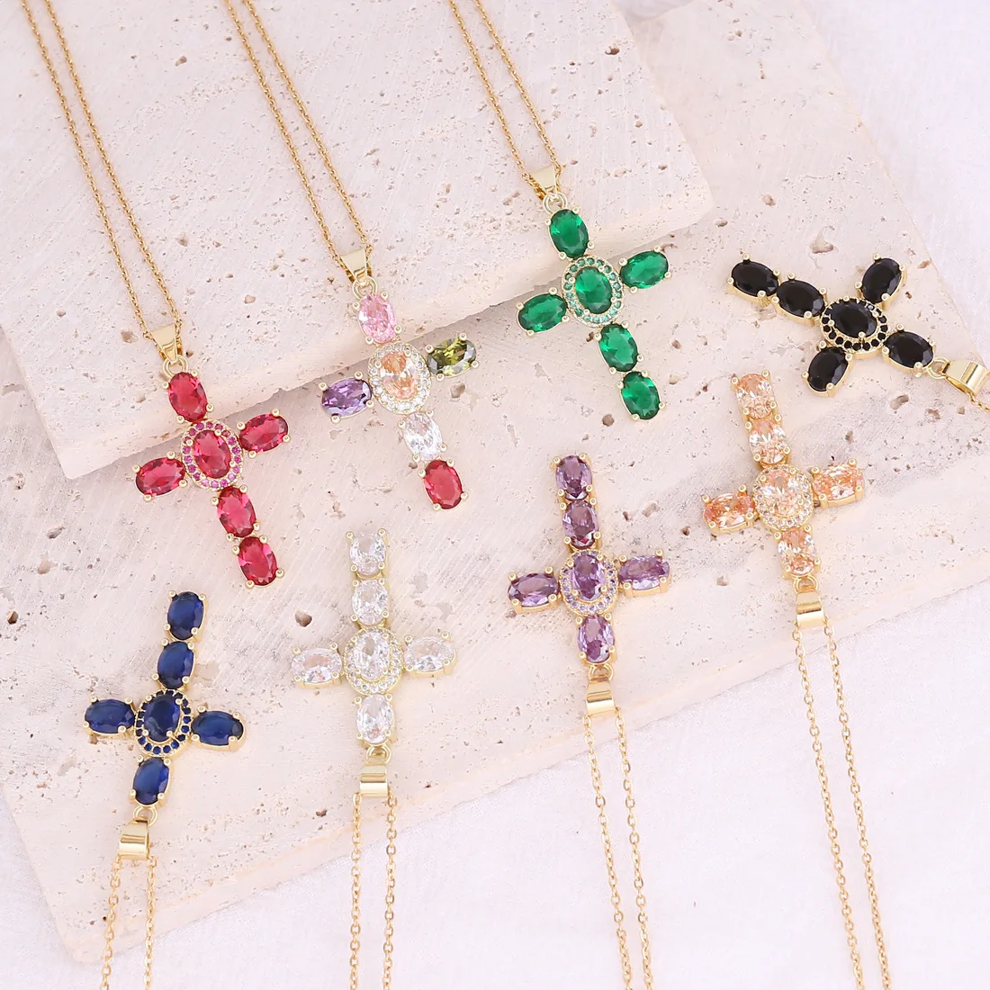 copper micro inlaid zircon multi-color cross pendant women collarbone pendant necklace fashionable jewelry party gift N910