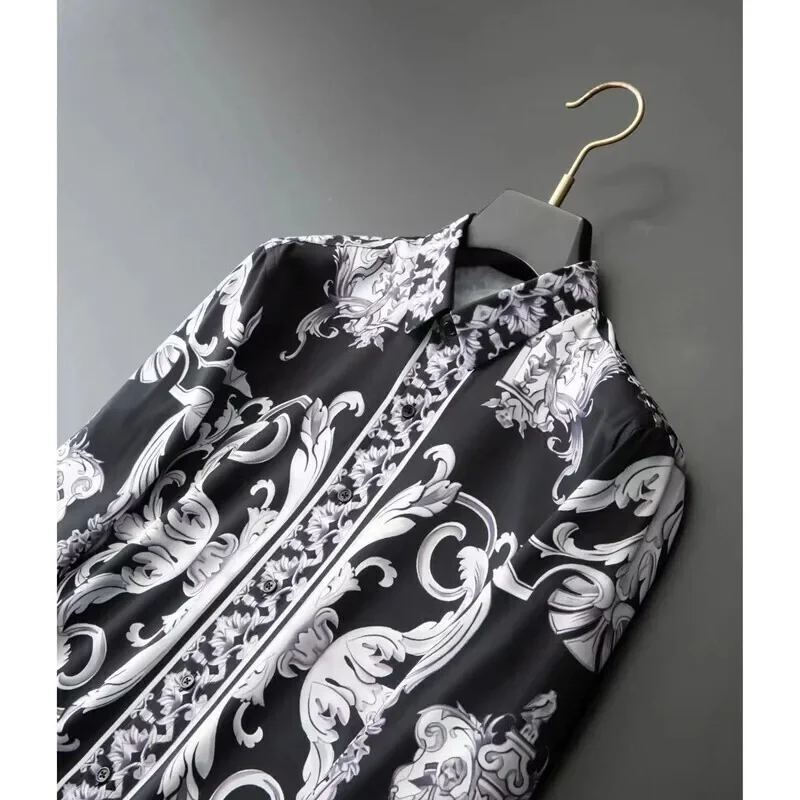 Camisas de manga larga de lujo de otoño para hombre, Tops informales con estampado negro a la moda