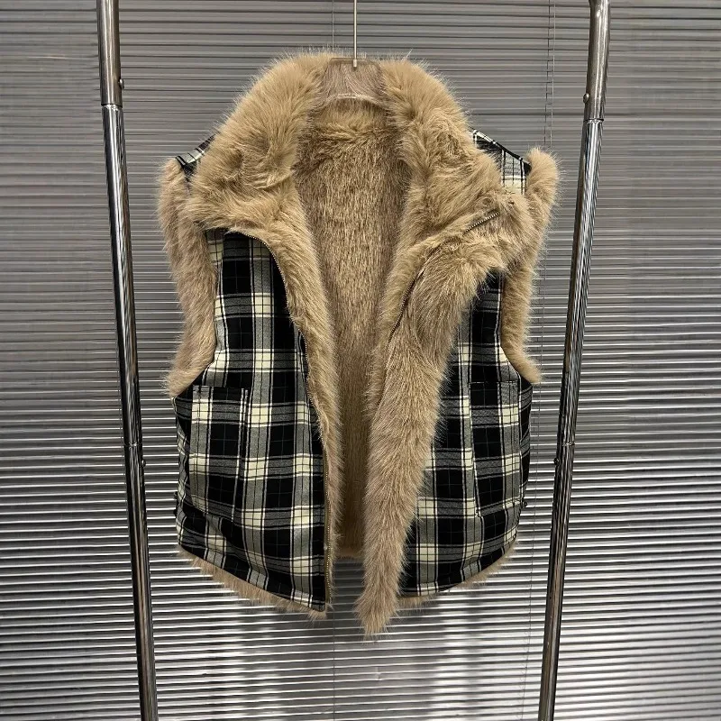 Lapel Faux Fur Vest Two Side Wear Sleeveless Checkered Furry Jackets Fluffy Zipper Warm Thick Luxury Plush Coats Faux Fox Casual