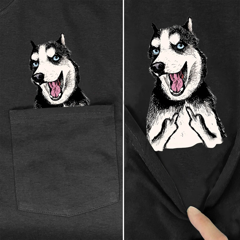 CLOOCL Siberian Husky Pocket T-Shirts Funny Dogs Middle Finger Printed Cotton T-shirt Men Women Short Sleeve Shirts Hip Pop Tops