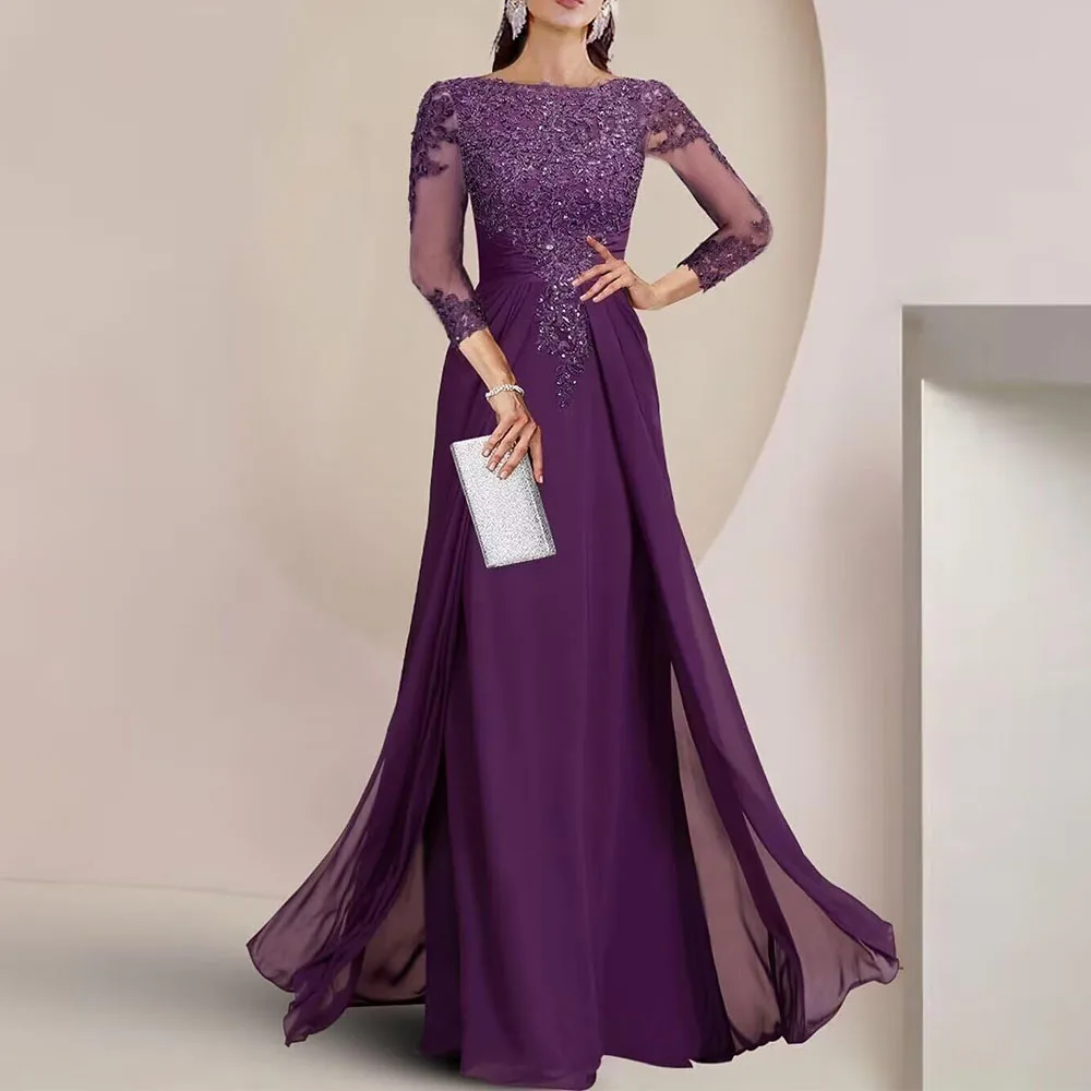 

Customized Long Sleeve Mother of The Bride Dresses for Wedding Lace Appliques Chiffon Formal Dress Floor Length A Line 2025