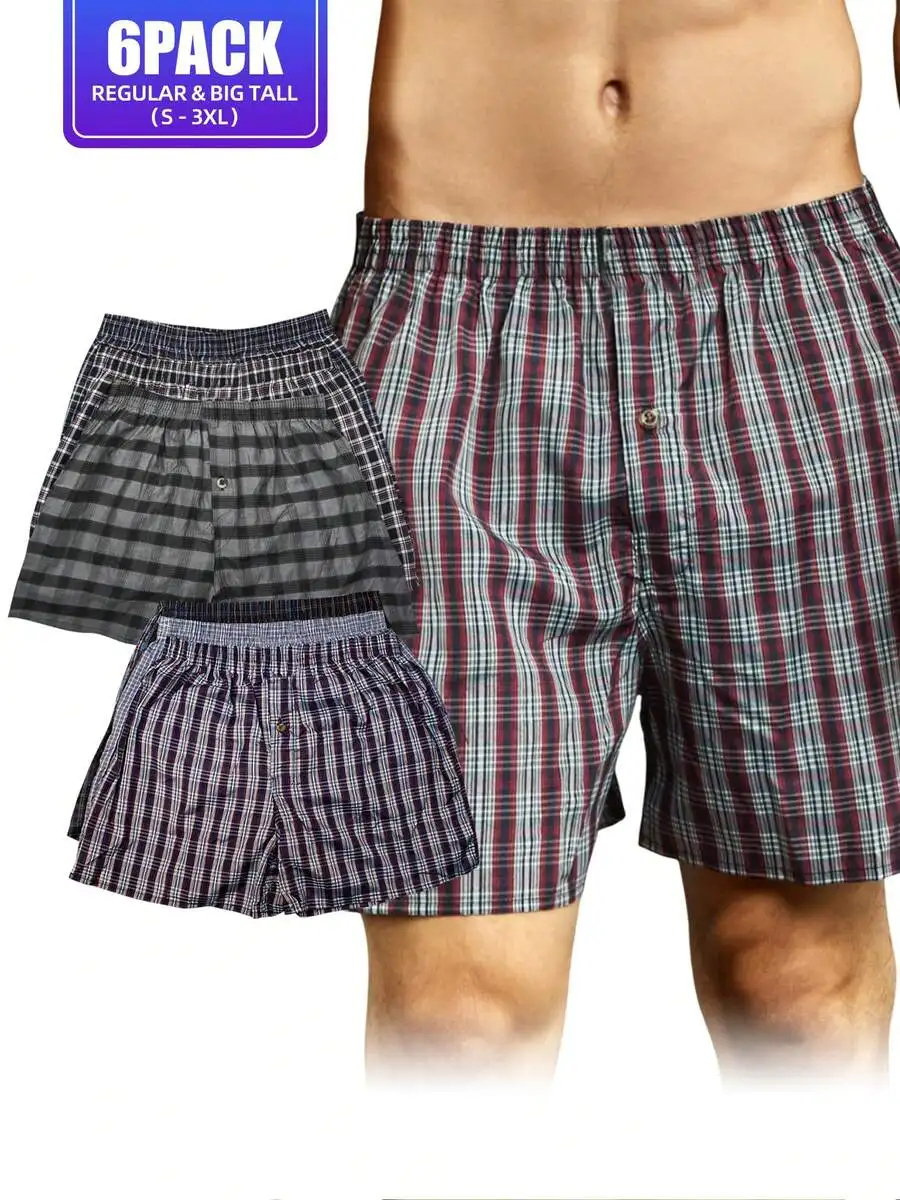 Mens Cotton Blend Boxer Shorts 6 Pack Plaid Pattern Button Fly Elastic Waist Comfortable Underwear