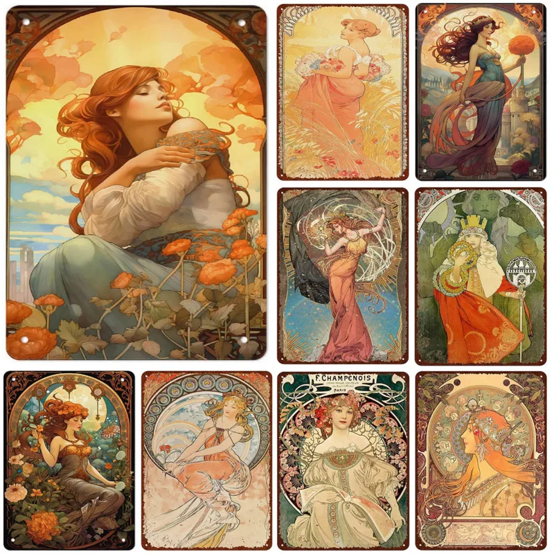 Vintage Metal Tin Signs Beauty-Art Nouveau Decorative Signs Four Seasons - Illustration Girl Retro Wall Decor Home Wall Signs