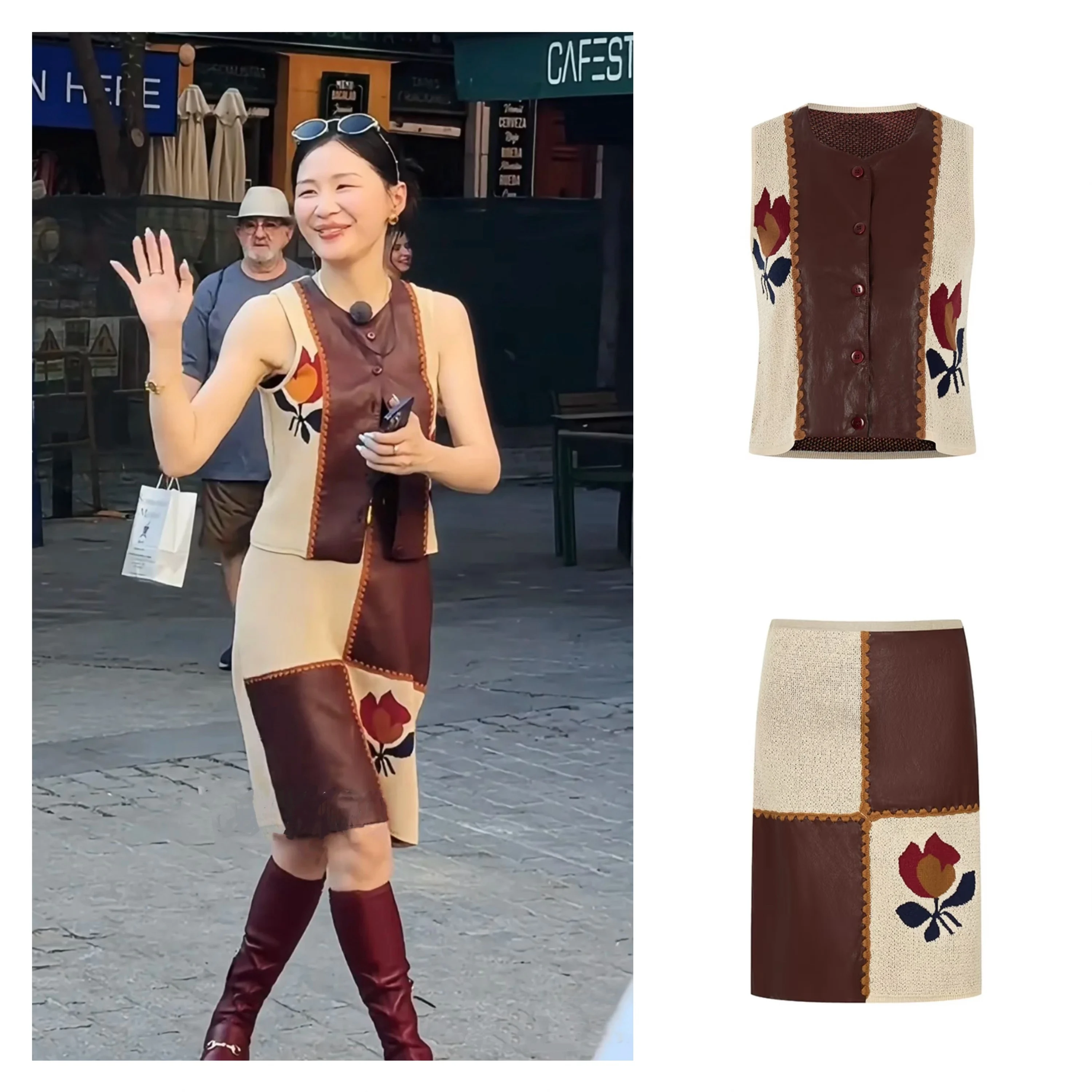 

Jin Jing Personal Collection Handbag Store Embroidered Patchwork Vest Skirt Composite Fabric round Neck Single Button Closure