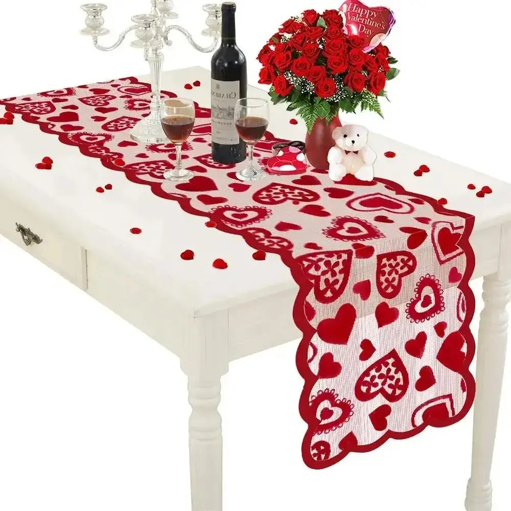 2024 1PC Valentines Day Decor Home Romantic Decorations Heart Shaped Table Runner,Red Lace Runner For Wedding Party