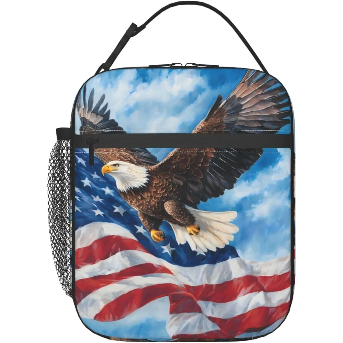 Patriotic Eagle Lunch Box For Women Adults , Insulated Cooler Polyester Fluttering Flag Lunch Bag