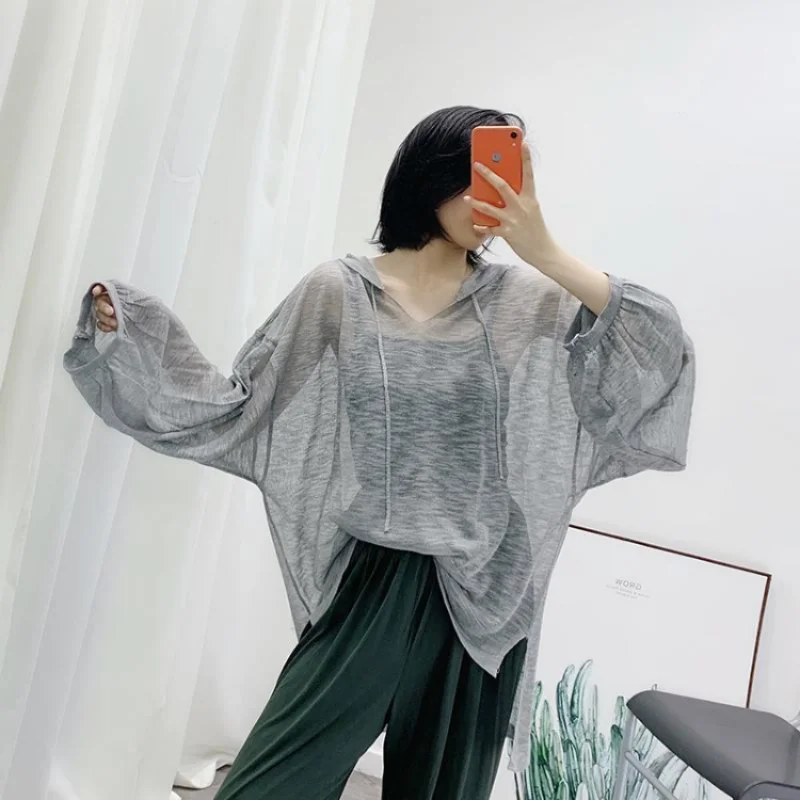 Hooded T-shirts Women Loose Lazy Thin Sheer Sun-proof Summer Sporty Long-sleeve Korean Style Solid All-match Streetwear Fashion