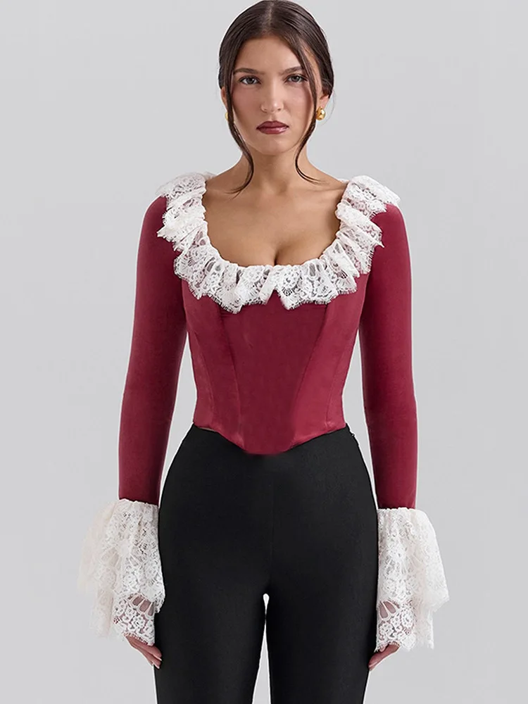 

Сексуальный пикантный топ с кружевной отделкой и низким вырезом для девочек, длинный женский топ с высокой талией, европейский бархатный тканевый топ Bell Sve