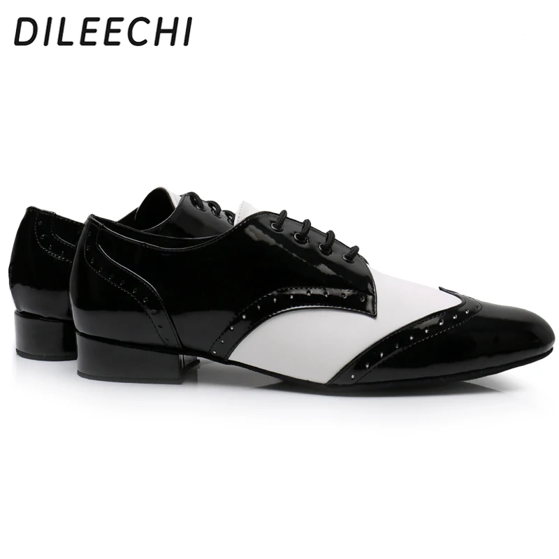 DILEECHI Men\'s Dance Shoes Adult Soft outsole Black PU Leather Square Ballroom dancing Shoes Low Wide Heel 2cm