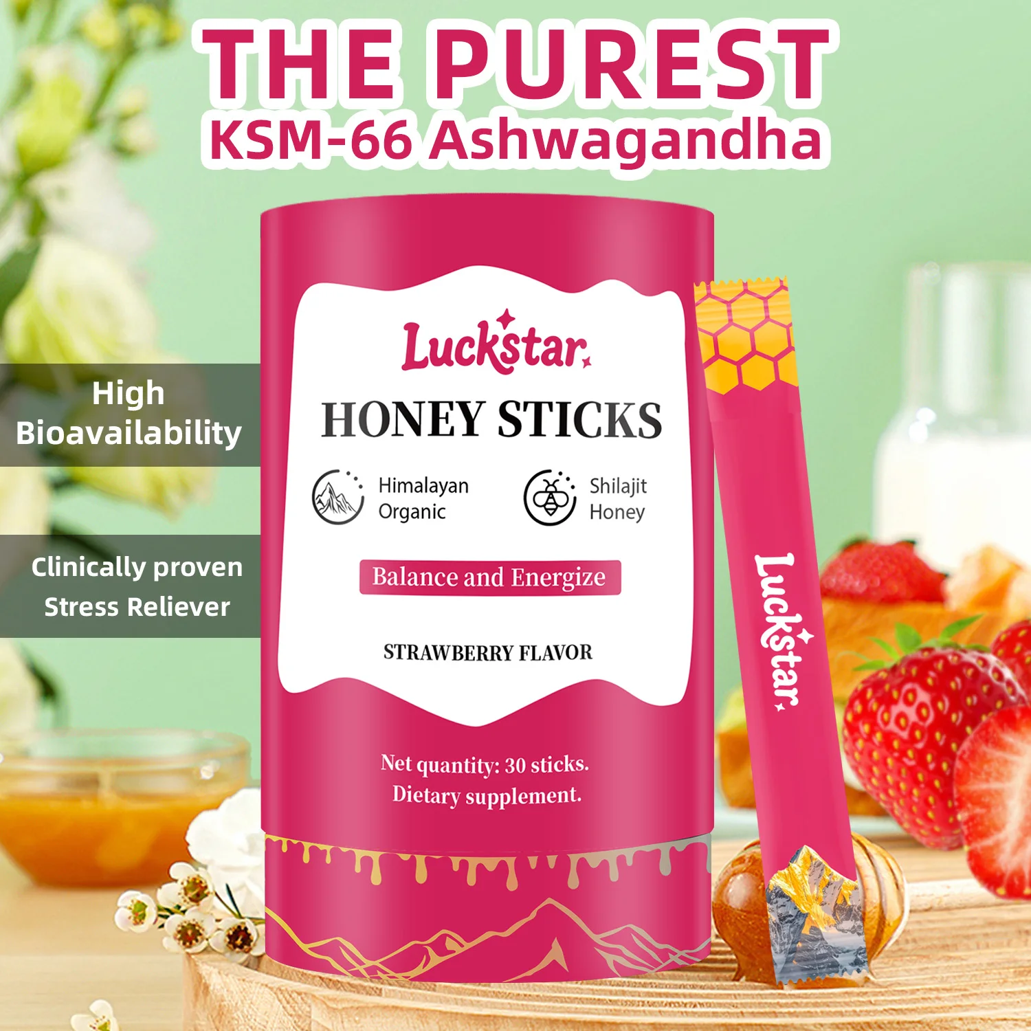Luckstar Shilajit Sticks Honey Organic Himalayan Shilajit Resin 400mg & Saffron Balance & Energize Strawberry Flavor 30 Sticks