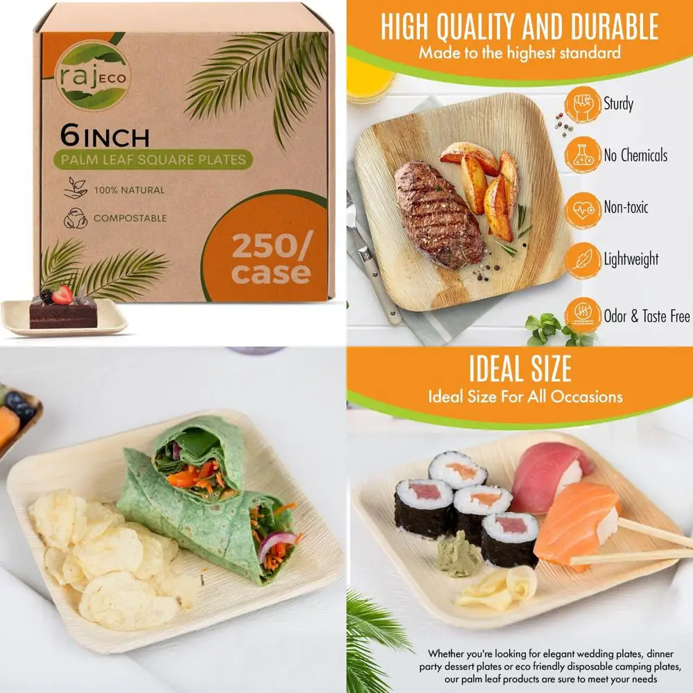 

Disposable Compostable Square Palm Leaf Plates - Bulk 50-Pack, Strong and Decorative, 250 Pack Total, Eco-Friendly Alternative t