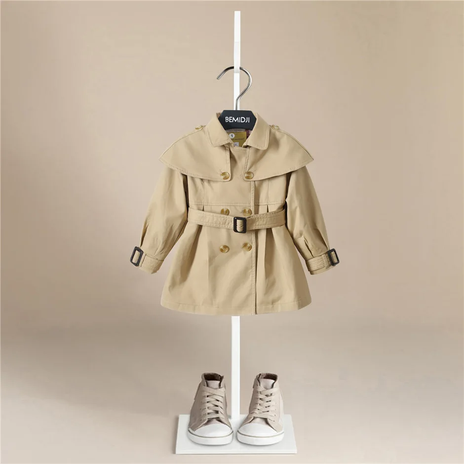 Toddler Kids Baby Girls Autumn Winter Trench Coat Infant Kids Solid Jacket Korean Style Double-breasted Belt Long-sleeved Coat