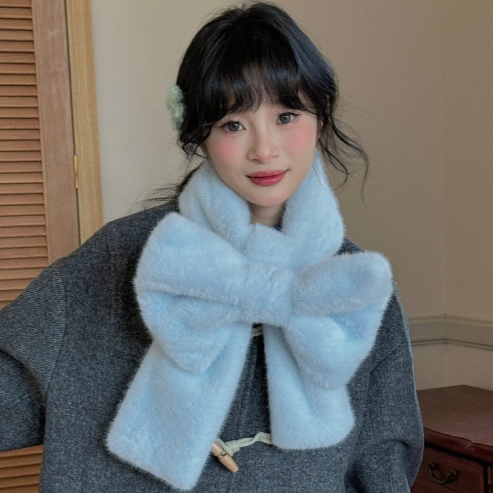 

Kawaii зимний волосатый шарф с большим бантом, домашний теплый ветрозащитный шарф для японских девушек, милый однотонный универсальный утолщенный шерстяной плюшевый шарф