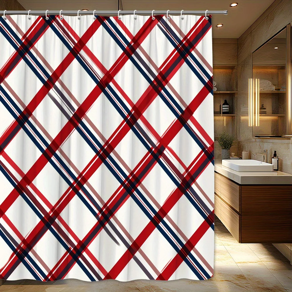 Waterproof Plaid Red White Blue Geometric Stripe Shower Curtain Bathroom Decoration Bath Curtain Liner 180x180cm Plaid Pattern