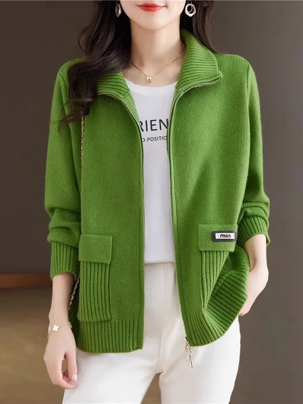

Весна-Осень 2025 г., женский модный вязаный открытый кардиган, свободный утягивающий топ, верхняя одежда для мамы, воротник на молнии