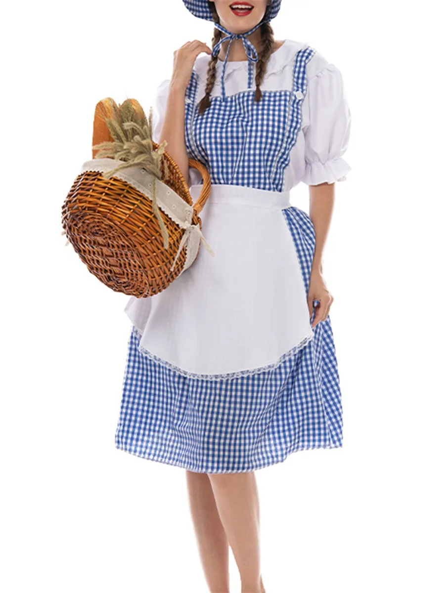 Women Halloween Fairytale Costume Plaid Print Short Sleeves Dress Aprons and Bonnets Hat Set for Cosplay Party Outfits