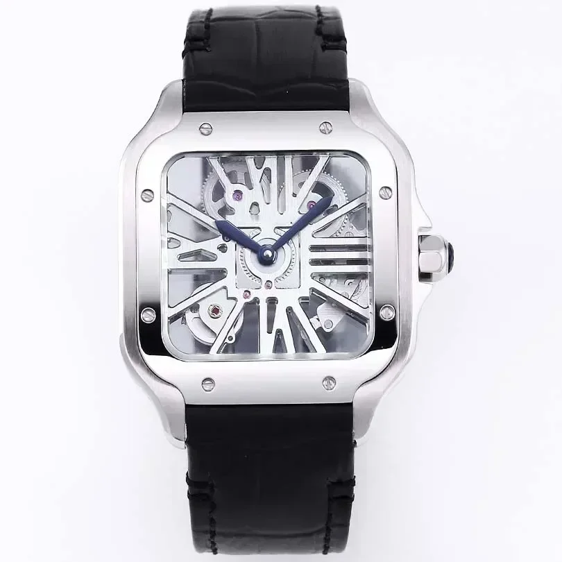 Luxury New Quartz Watch for Men Square Watches Stainless Steel Black Green Leather Hollow dial Transparent Back Sapphire 39mm