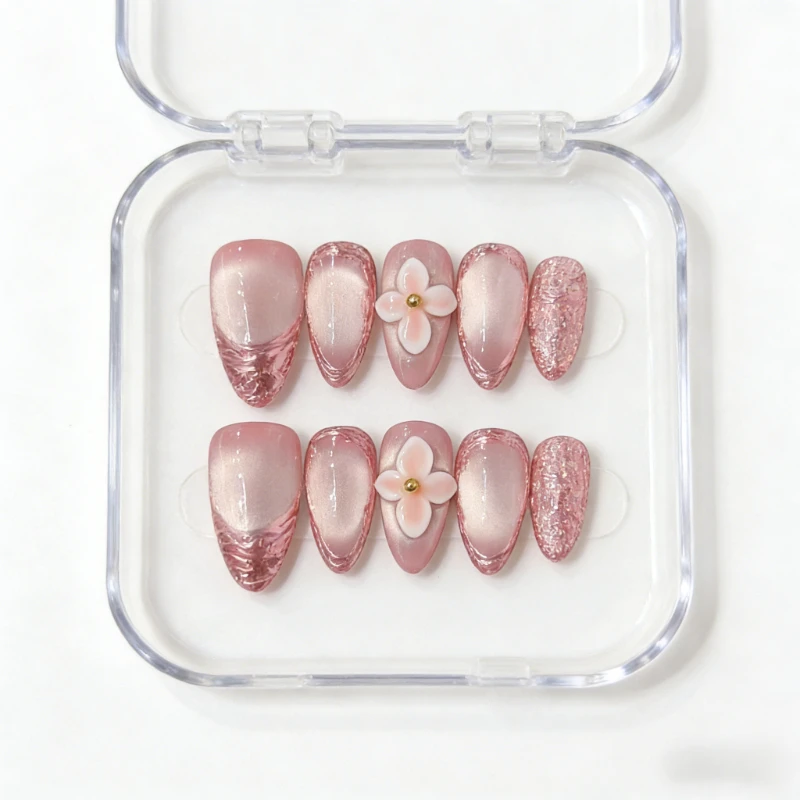 

10 шт. накладных ногтей цвета слоновой кости с перламутровым блеском, розовые, с 3D-цветочным декором, элегантные, многоразовые, для повседневного нежного стиля