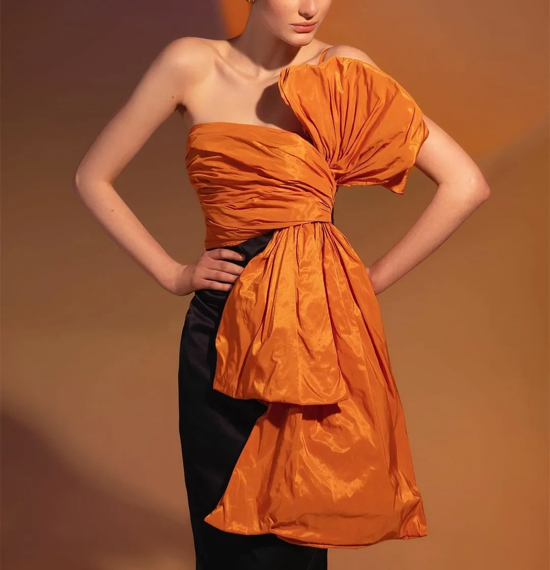 Customized Long Taffeta Black&Orange Evening Dress With Bow Sheath Pleated Floor Length Prom Dress Robes de Soirée for Women