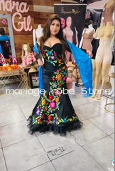 Black Mermaid Charro Mexican Evening Dresses Wrap customsized Floral Embroidery Prom Gown vestido de catrina mexicana