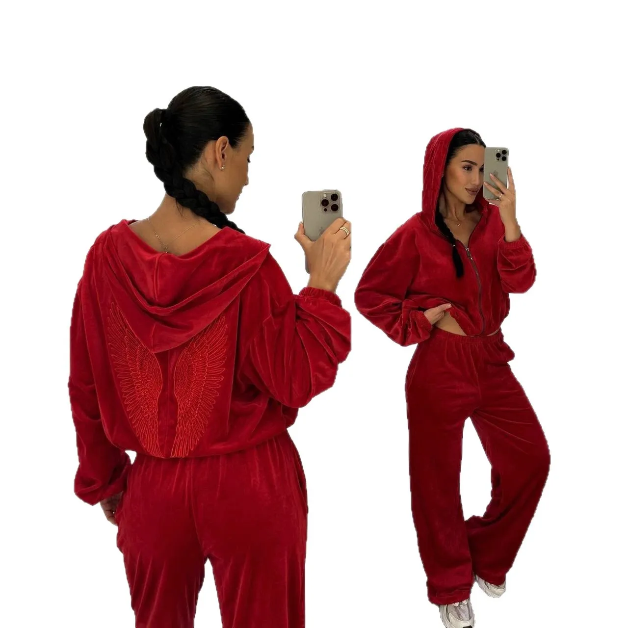 Affordable Women's Autumn & Winter Velvet Hooded Two-Piece Tracksuit, Wing Embroidery On Back Top & Pants, Trendy Outfit