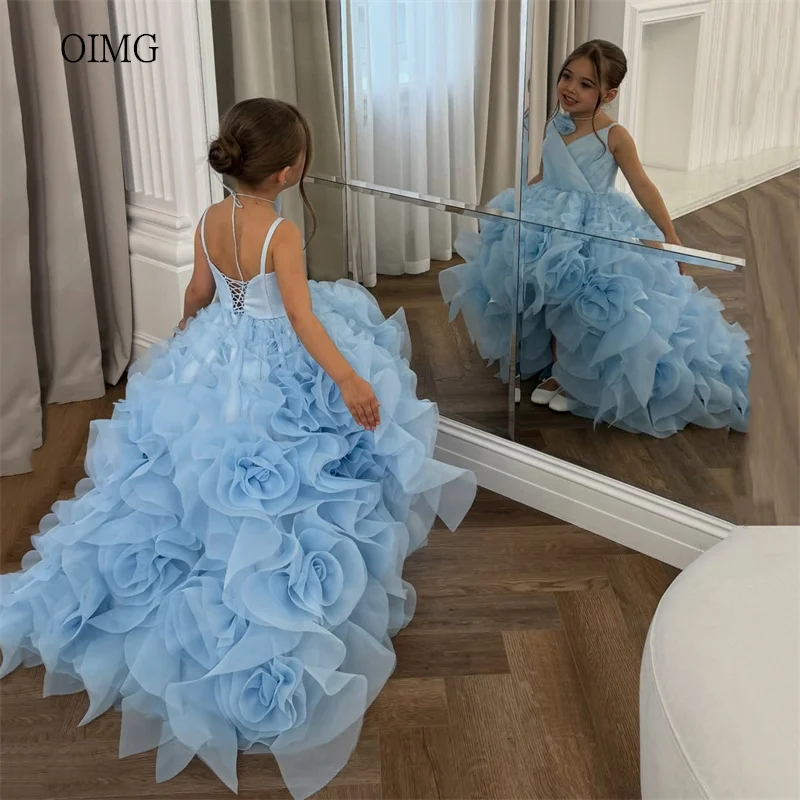 

OIMG Luxurious Sky Blue High-Low Flower Girl Dresses Ruffled Pleated Wedding Party Dress Asymmetrical Birthday Dress Customized