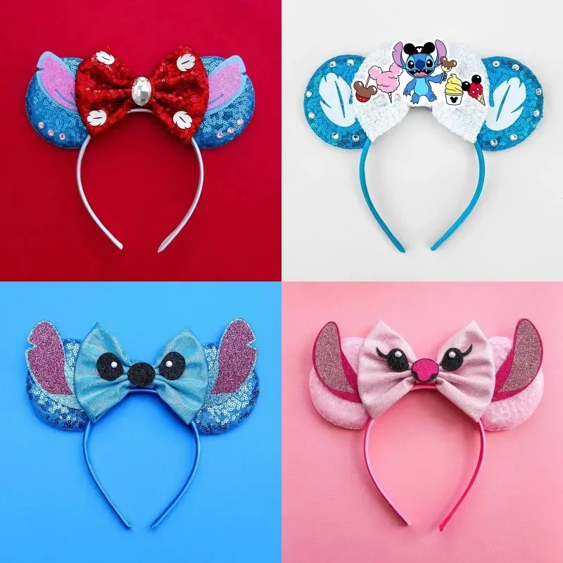 Disney Anime Lilo & Stitch Hair Bands Women Cosplay Angel Ears Headband Girls Leaves Sequins Bow Hair Accessories Kid Party Gift