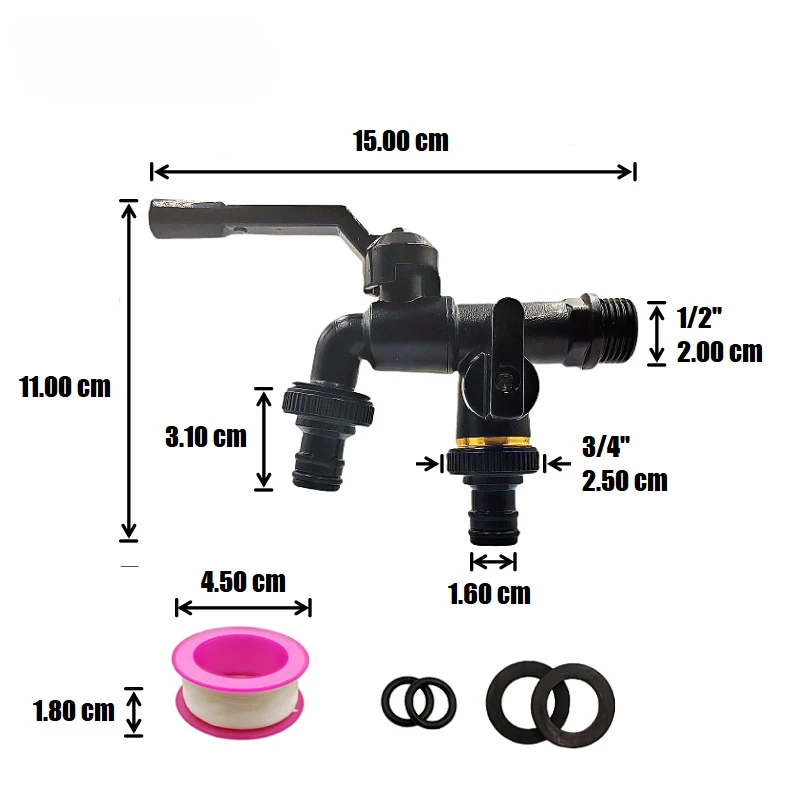 1/2 Gardening Double Water Outlet Brass Nozzle One in Two Out Double Pacifier Nano Black Copper Faucet