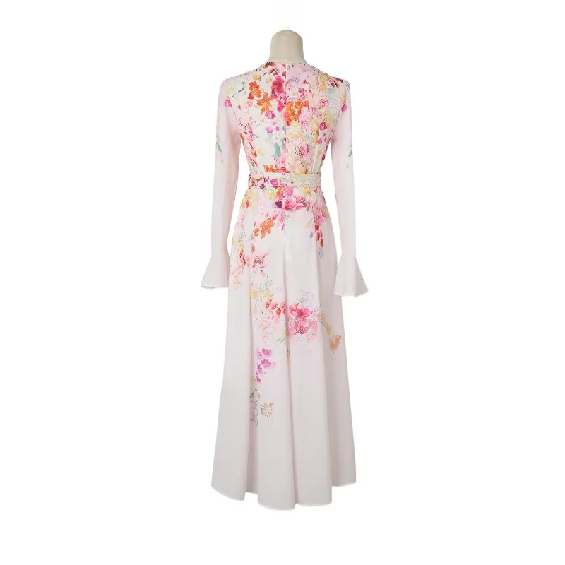 2025 New Australian Niche V-neck Flared Sleeve Pink Flower Print Mid-length Dress Feminine Holiday Dress