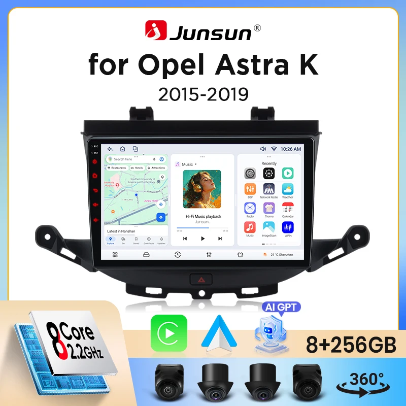 Autoradio sans fil Junsun CarPlay Android Auto pour Opel Astra K (B16) 2015-2021 avec ventilateur de refroidissement intégré, navigation GPS Android, lecteur mu