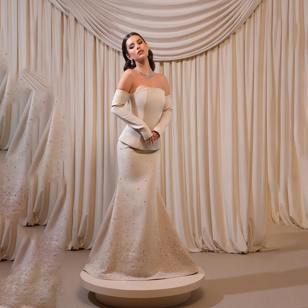 

Элегантное вечернее платье без бретелек с рукавами, длинное платье русалки с блестками и джерси со шлейфом и открытой спиной, вечерние платья по индивидуальному заказу