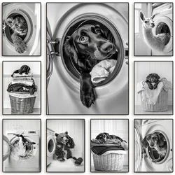 Funny Animal Black and White Laundry Room Poster Lion Panda Dog in Washing Machine Humor Canvas Picture Wall Bathroom Home Decor