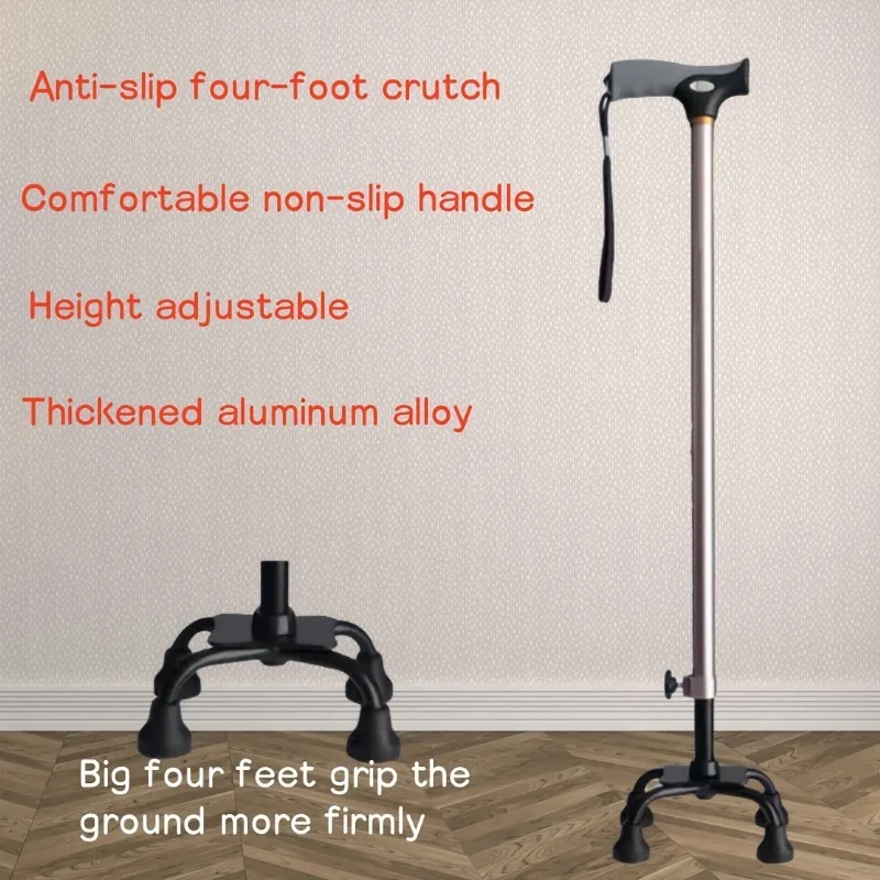 Adjustable Height Aluminum Alloy Stick, Anti-Slip, Telescopic Climbing Cane with Four-Legged Stability,, Hiking Accessories