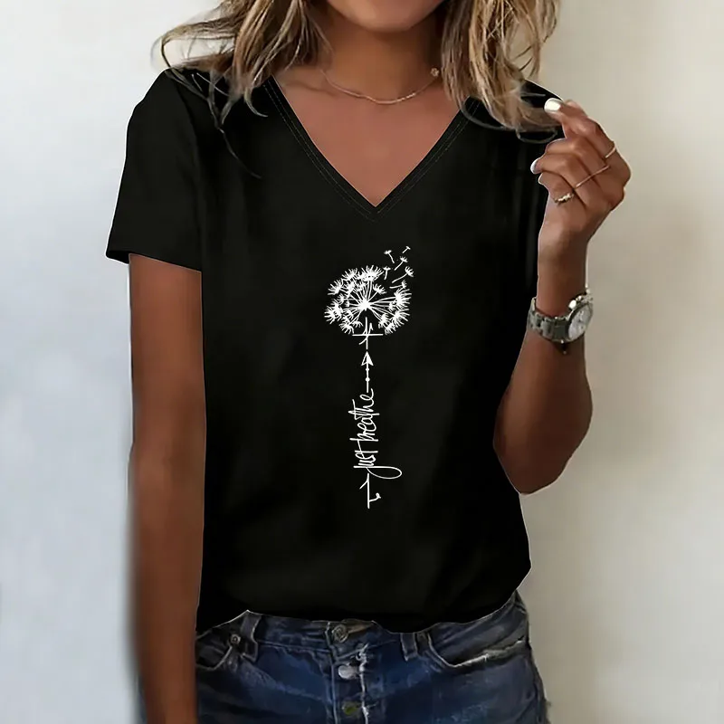 T-shirt V Neck Casual Fashion Y2k Just Breathe Dandelion Printed T Shirts Women Short Sleeve Tee Shirt V-Neck Summer Spring