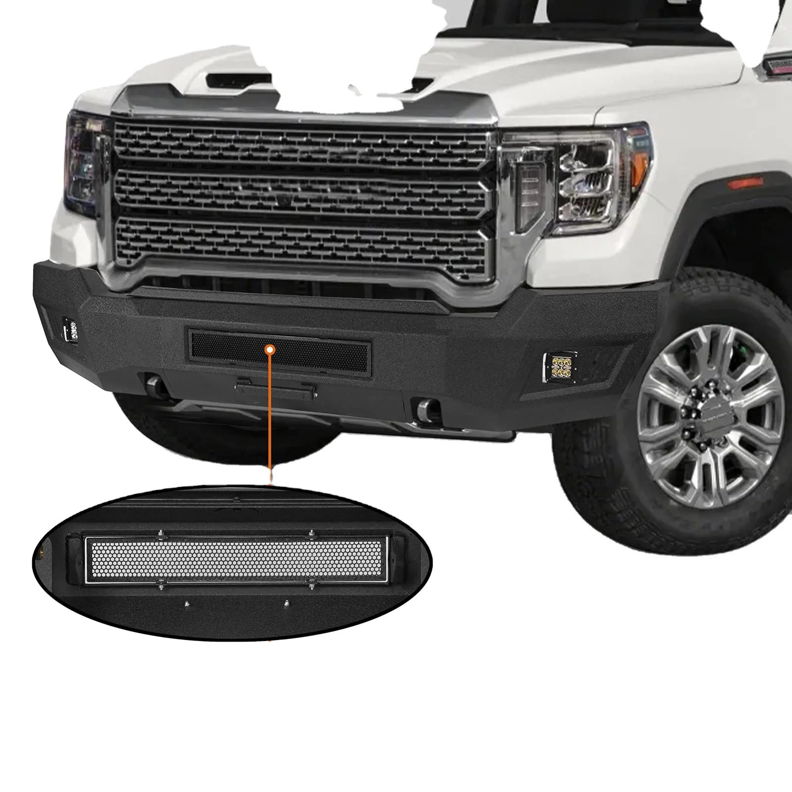 

2020-2023 для GMC Sierra 2500HD и 3500, стальной передний бампер со светодиодной подсветкой, кронштейн для номерного знака, текстурированный черный автомобильный светильник