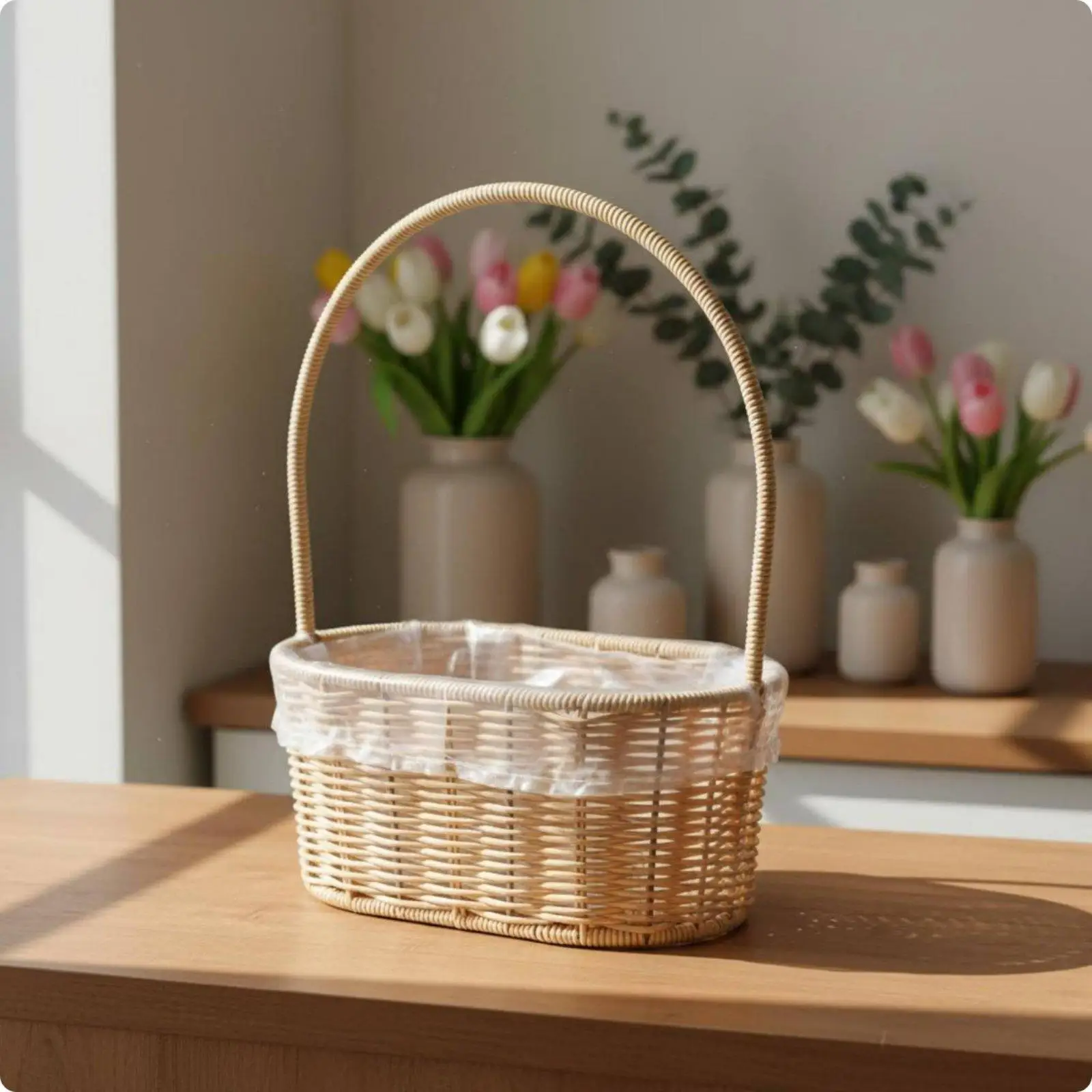 Woven Flower Basket, Multifunctional Storage Basket with Handle