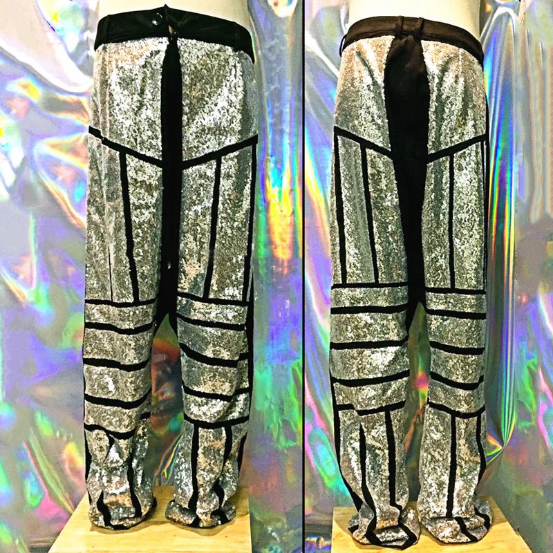 

Fashion Hip Hop Clothing Women Men Silver Sequins Pants Jazz Costumes Stage Performance Wear Pole Dance Pants Rave Outfit XS4086