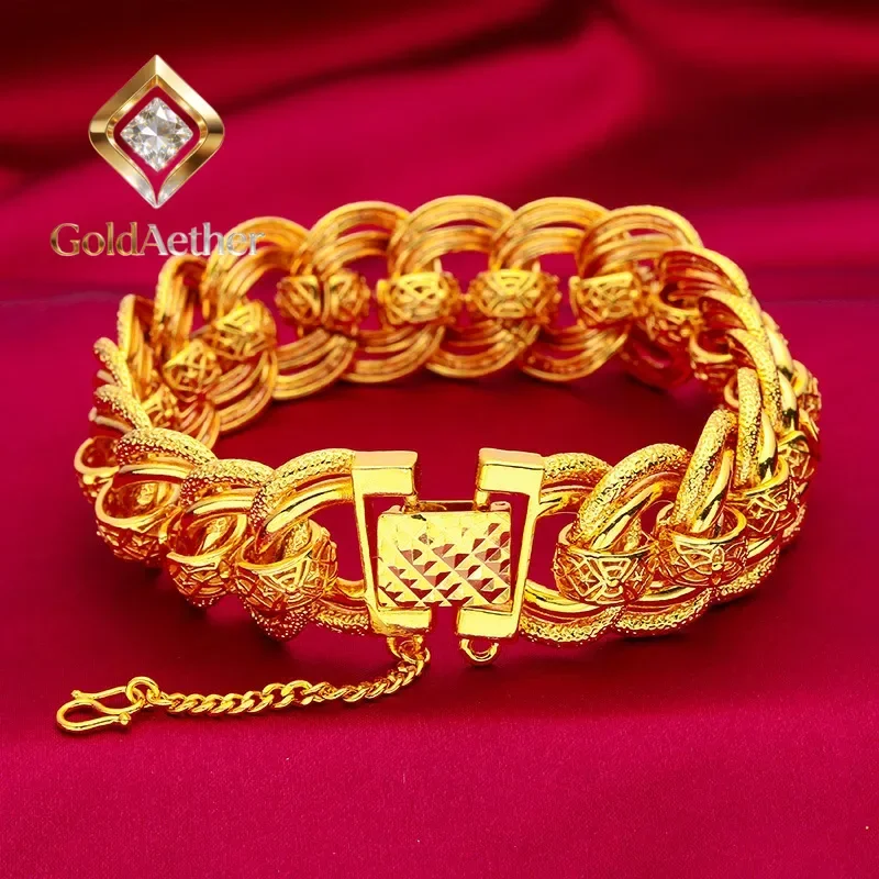 GoldAether 9999 24K Real Gold 20mm Men's Bracelet Watch Chain Wide Edge Classic Fashion Domineering Gift for Father Dad Bracelet